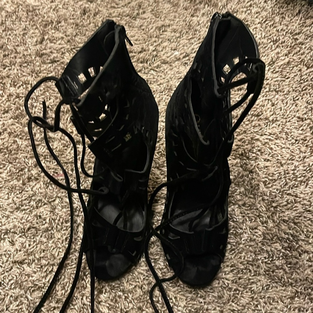 black suede lace up heels